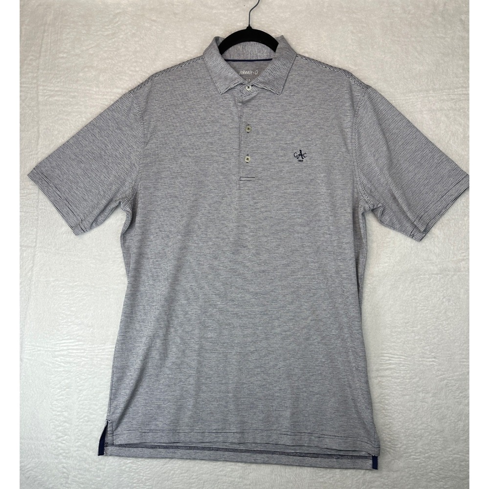 Johnnie-O Polo Shirt Mens Medium Blue White Striped Performance Short Sleeve